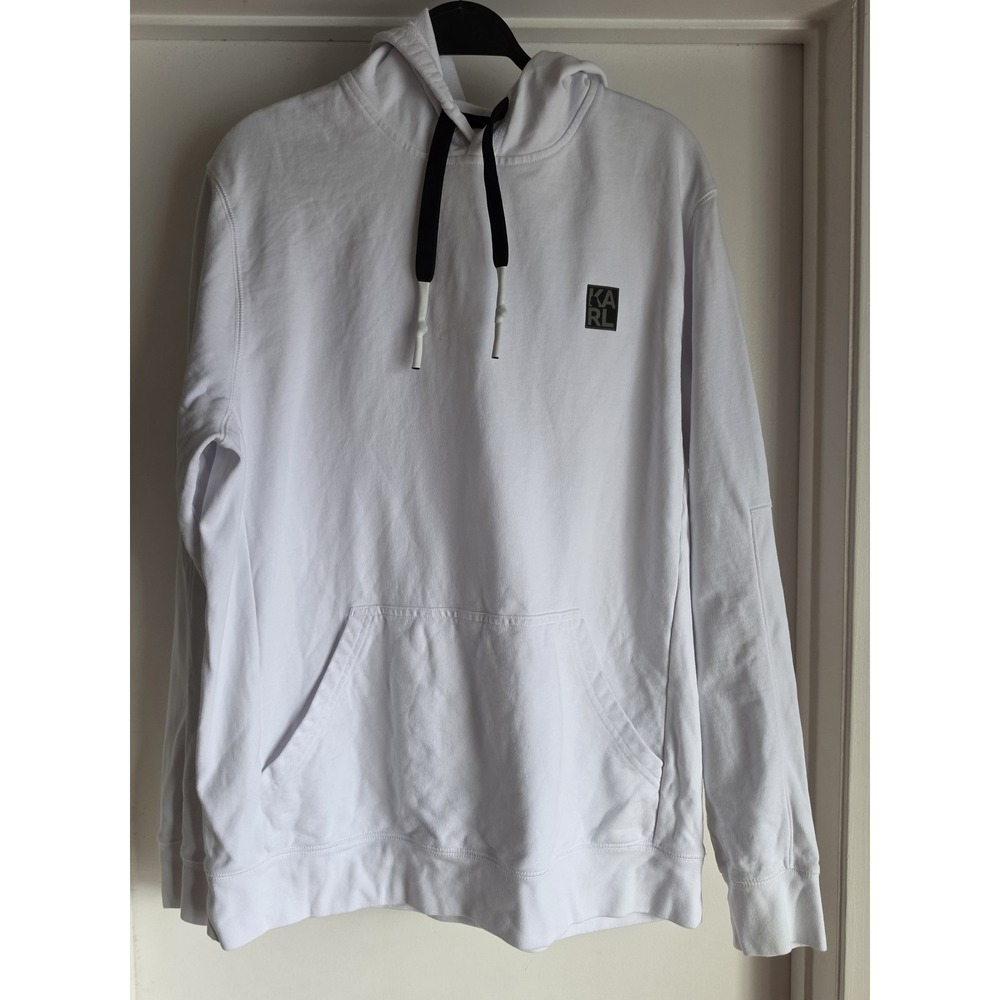 Karl Lagerfeld Hoodie Men L White Solid Cotton Pullover Sweatshirt Athleisure
